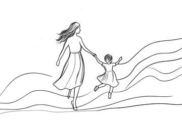 The woman is holding her female child in continuous line art drawing style. Her daughter is holding her hands as she spins around. Mother and daughter holding hands as they spin around.