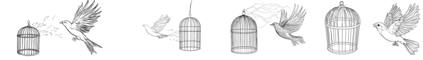 This continuous line art drawing depicts a bird released from its cage. The bird flew away from the open cage to find freedom and new opportunities. Black linear sketch isolated on white.