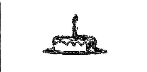 Drawing technique of continuous line art. Traditional birthday cake with candle on top. Minimalist black line drawing isolated on white background.