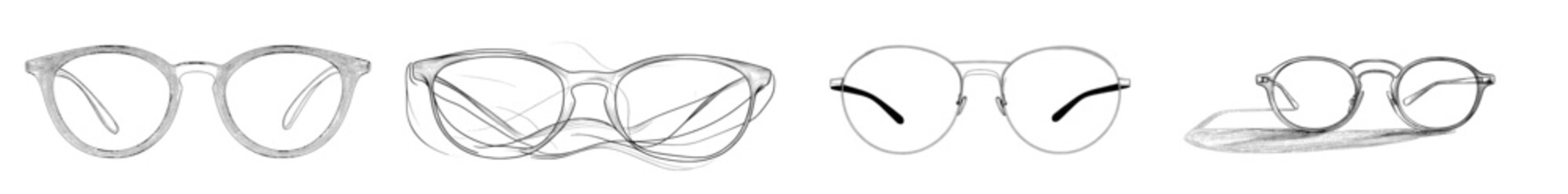 Modern illustration of glasses in continuous line art style. Black linear sketch of corrective eyeglasses on white background in minimalist style.