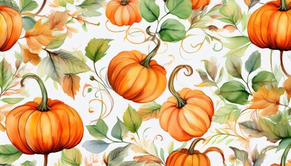 Wall Mural - Seamless pattern with pumpkins growing among green and yellow autumn leaves, hand drawn watercolor illustration