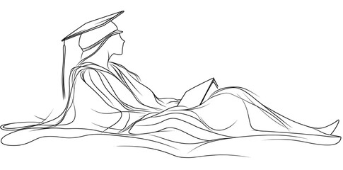 White background with continuous single line of man in graduation gown.