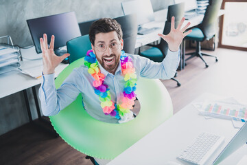 Poster - Photo of successful elegant man ready vacation rest wear shirt loft interior modern office indoors