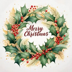 Wall Mural - Watercolor christmas wreath featuring holly, red berries, golden leaves and the words merry christmas in the center