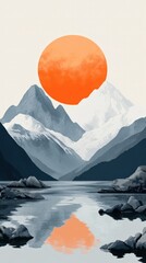 Serene minimalist mountain landscape with bold outlines and large sun