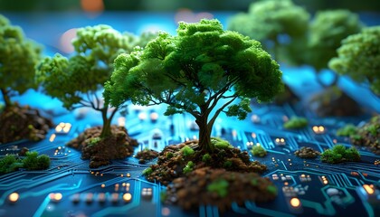 Eco-friendly technology represented by a tree emerging from a circuit board, surrounded by blue light and a network of wires, symbolizing green computing and sustainable IT practices