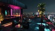 © farhan - A chic rooftop bar with a dark grey exterior, offering sweeping views of a neon-lit cityscape, designed with elegant, minimalist furnishings