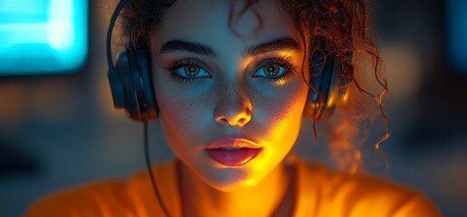 Close-up portrait of young woman with headphones listening to music in a dimly lit room.