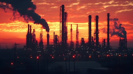 Poster - A city skyline with many tall buildings and a lot of smoke. The sky is orange and the buildings are lit up