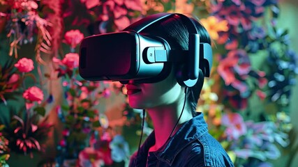 Poster - Engaged in a virtual reality experience, a young individual wearing a headset explores a colorful floral environment, surrounded by vivid flowers and digital elements.