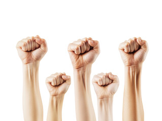 Raised fists in the air symbolizing strength and unity, isolated on a white background.  PNG transparent.