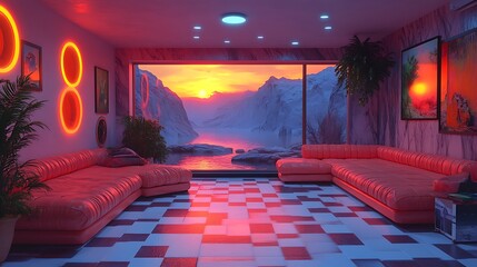 Wall Mural - Modern living room with a panoramic window overlooking a snow-capped mountain landscape with a vibrant sunset.