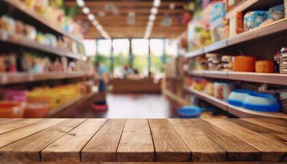 Pet shop interior, shelves with accessories
