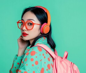 A young Asian woman with backpack, and orange glasses, listening to music with headphones on an isolated pastel background.