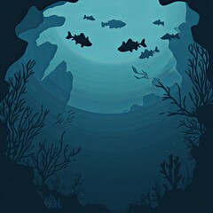 Simple illustration of an underwater scene with silhouettes of fish and coral.