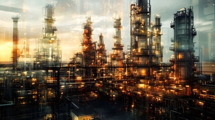 A blurry image of a large industrial plant with many pipes and tanks. The image has a sense of motion and chaos, as if it were captured in a time-lapse. Scene is one of industrial activity