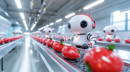 Wall Mural - Futuristic Robotic Arm Handling Red Tomatoes on Conveyor Belt in Automated Factory