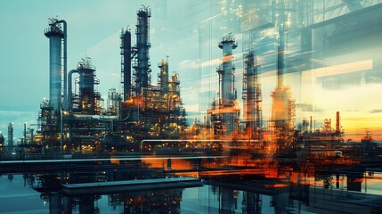 Wall Mural - A blurry image of a large industrial plant with many pipes and tanks. The image has a sense of motion and chaos, as if it were captured in a time-lapse. Scene is one of industrial activity