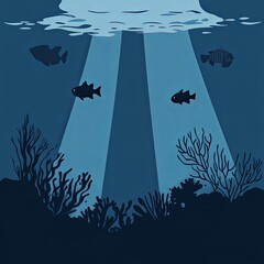 Simple illustration of an underwater scene with silhouettes of fish and coral.