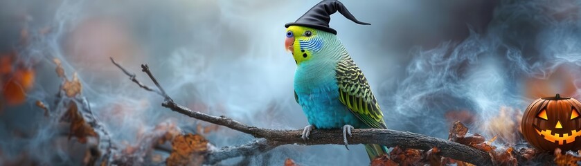 Parakeet wearing a tiny witch's hat on a branch surrounded by spooky fog, witch parakeet, Halloween bird