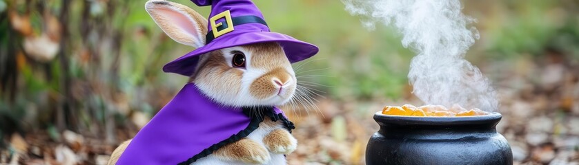 Rabbit in a purple witch hat and cape, sitting next to a bubbling cauldron, witch rabbit, Halloween bunny