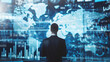 © Domingo - Businessman silhouette facing large world map with financial data overlay. Global economy and market analysis concept, with a dark leader with his back turned controlling geostrategy and geopolitics