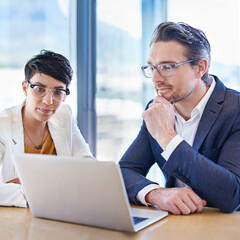 Poster - Office, teamwork and business people with laptop for planning, reading and update website for company. Thinking, assistant and manager with digital for corporate research, project results and review