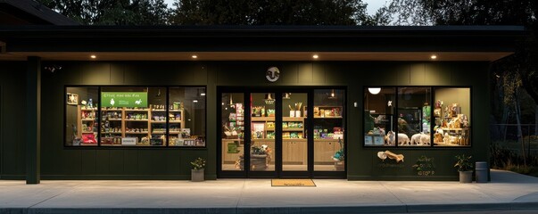 Wall Mural - a contemporary dark olive green exterior pet shop, specializing in organic pet food and eco-friendly