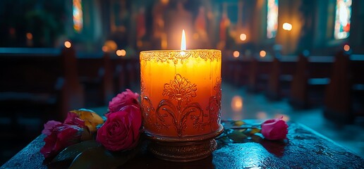 A lit candle with roses in a church.