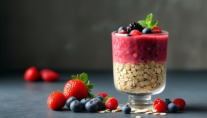 Wall Mural - vibrant berry smoothie with oatmeal served in a glass, showcasing a colorful and healthy breakfast option