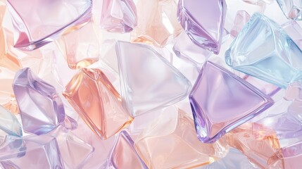 Many crystals in different pastel colors are lying on a white surface, creating a beautiful abstract background with a soothing color palette