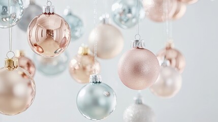 Canvas Print - Variety of pastel pink, silver and blue christmas ornaments hang against a white background. The ornaments are shiny and provide a feeling of happiness and cheer