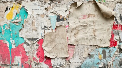 Wall Mural - Weathered wall with torn paper ads in red, yellow, blue, and pink hues, perfect for urban vintage designs