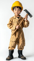 Wall Mural - Japanese boy dressed as a builder holding a hammer