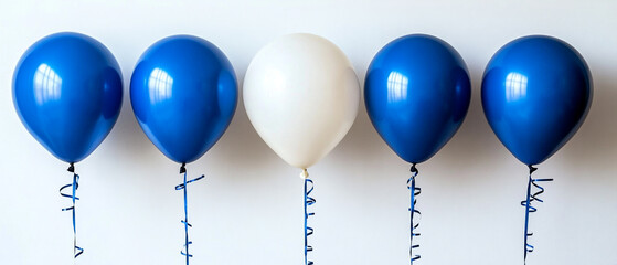 A row of blue and white balloons, perfect for celebrations or festive occasions. Bright and cheerful decor for any event.