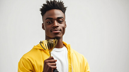 Canvas Print - Male athlete holding a 3D trophy icon in gold color