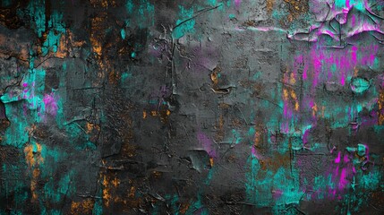 Poster - Rough textured grunge background in dark grey with teal, purple and orange paint splatters, creating a distressed effect