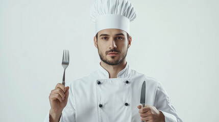 Poster - A confident male chef holding a 3D fork and knife icon in silver color