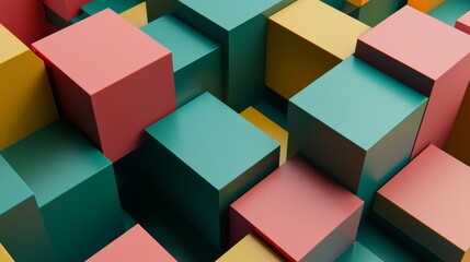 Poster - Vibrant 3d cubes in green, yellow, and red hues create a dynamic abstract background. Perfect for adding color and design to any project, this modern geometric pattern is versatile and minimalist