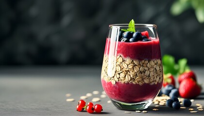 Wall Mural - vibrant berry smoothie with oatmeal served in a glass, showcasing a colorful and healthy breakfast option