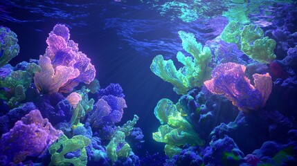 Poster - Sunlight gently illuminating a vibrant coral reef teeming with life in deep ocean waters. Explore the wonder of this serene underwater paradise. Appreciate and protect this fragile ecosystem