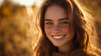 Smiling girl with freckles, close-up portrait in warm sunlight, natural beauty, radiant smile, happy mood, autumn background concept