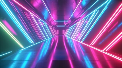Poster - Empty corridor is glowing with pink and blue neon lights, creating a futuristic atmosphere. The reflective floor enhances the vibrant colors, making the space feel endless and dynamic