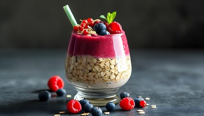 Wall Mural - vibrant berry smoothie with oatmeal served in a glass, showcasing a colorful and healthy breakfast option