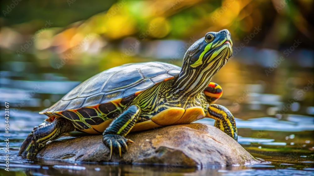 The northern map turtle basks comfortably on a sun-warmed rock in the ...