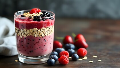 Wall Mural - vibrant berry smoothie with oatmeal served in a glass, showcasing a colorful and healthy breakfast option