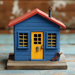 Colorful toy house with a blue body and yellow door, isolated on a rustic surface.