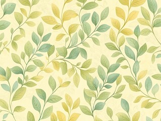 Wall Mural - Seamless Repeating Pattern of Stylized Leaves and Vines in Shades of Green and Yellow