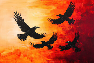 Sticker - Black crows on sunset background