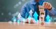 © MT.PHOTOSTOCK - Skill competency development concept. Up new ability skill training for technology evolution. Leadership thinking upskill. Hand hold wooden cube, soft skill digital icon. Education learning talent